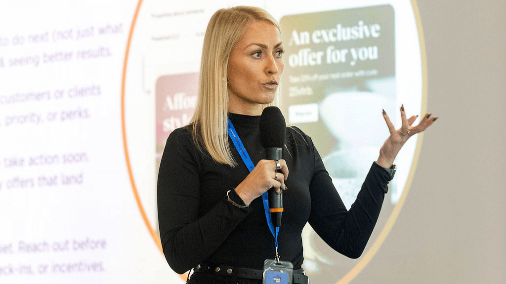 Kate Williams speaking at Building Brands UK 2025 about AI email marketing and digital strategy.