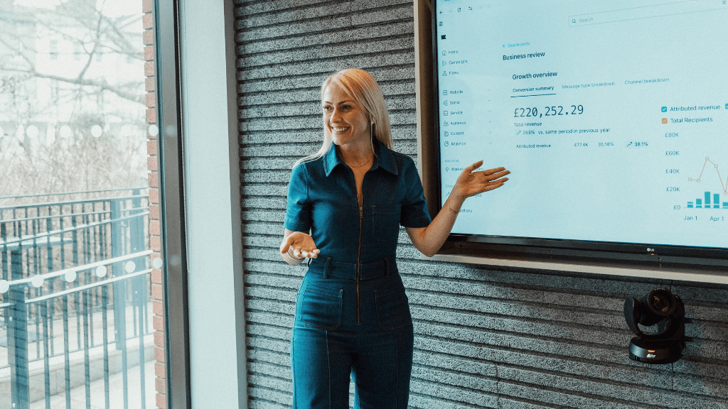 Marketing strategist presenting ecommerce revenue growth data and digital marketing performance.